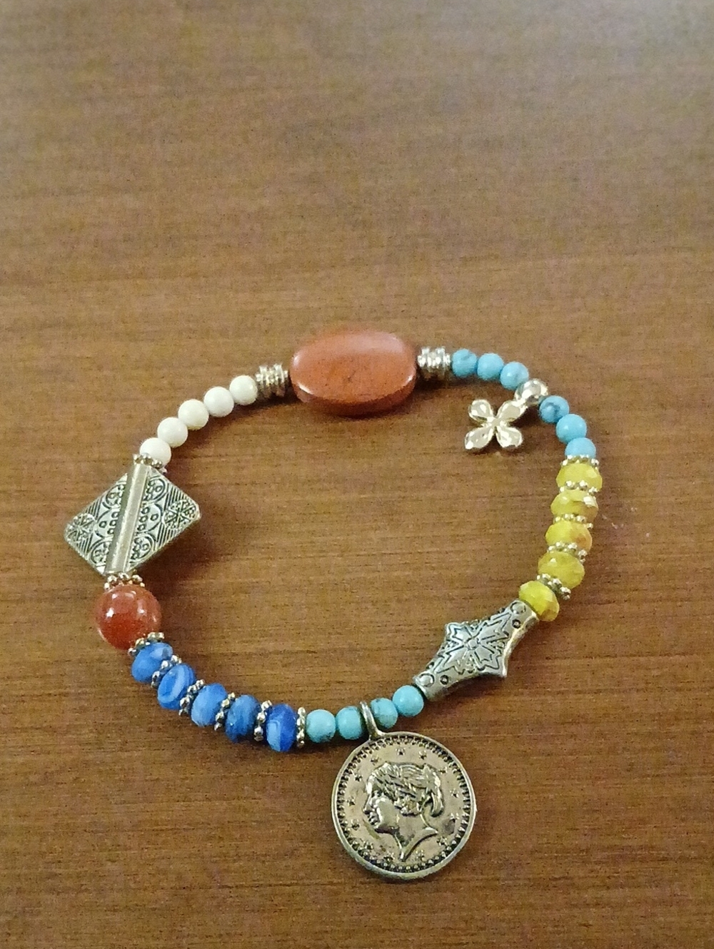 Multicolor Beaded Coin Charm Stretch Bracelet - Boho Women Jewelry